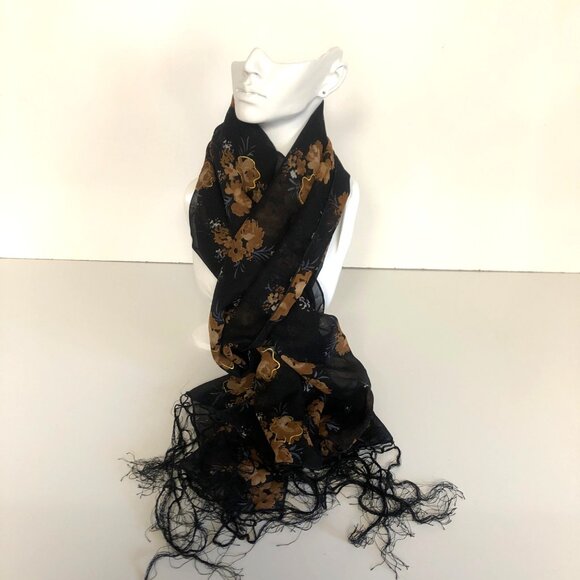 Ucho Bali Black Gold Metallic Floral Scarf Fringe Lightweight Sheer 19.5x63in - Picture 2 of 7
